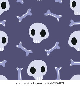 Cute skull and bones seamless pattern. Halloween elements on lilac background. 