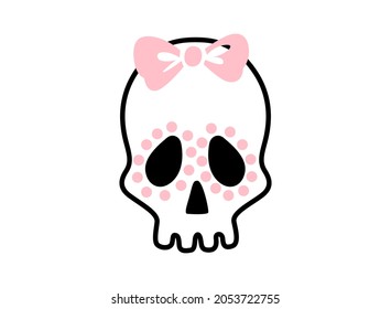 Cute Skull with bow. Halloween character. Vector illustration isolated on white. October 31. Flat design.