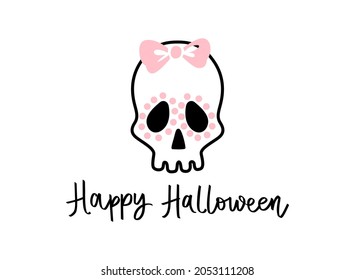 Cute Skull with bow. Happy Halloween character. Vector illustration isolated on white. October 31. Flat design.