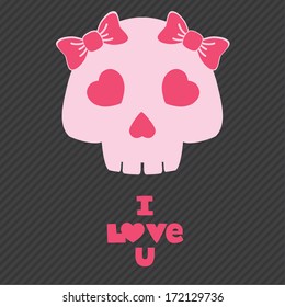 Cute skull with a bow on it, Valentine's day postcard. I Love U hand-drawn lettering. Vector illustration.
