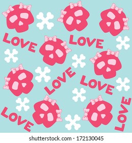 Cute skull with a bow on it, pattern. Valentine's day background. Love hand-drawn lettering. Vector illustration.