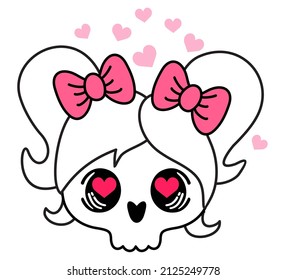 Cute skull with bow vector illustration isolated on white background.Skull emoticon.Bones vector. Skull clipart. Mystical occult object. Cute witchy illustration. Girly T-shirt design. 