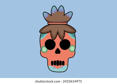 Cute Skull with Brown Hair Cartoon Illustration
