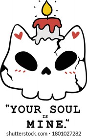 cute skull cat with candle black and white doodle Halloween your soul is mine, idea for cat lover, cat slave, kdp, sticker print, sublimation