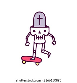 Cute skull character with gravestone inside the head riding skateboard, illustration for t-shirt, sticker, or apparel merchandise. With doodle, retro, and cartoon style.