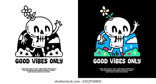 Cute skull character running in the park with good vibes only typography, illustration for logo, t-shirt, sticker, or apparel merchandise. With doodle, retro, groovy, and cartoon style.