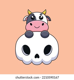 cute skull cow halloween cartoon mascot doodle art hand drawn concept vector kawaii icon illustration