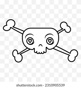 Cute skull with crossbones, cartoon comic style illustration. Vector isolated on background.