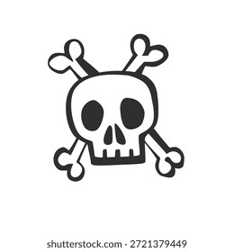 Cráneo lindo con huesos cruzados en estilo de línea mínima. Simple Ilustración vectorial en blanco y negro. Perfecto para pegatinas, iconos, estampados, Halloween, tatuajes y Diseños gráficos.
