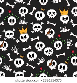 Cute skull doodle drawing seamless pattern for background