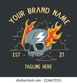 cute skull drawing on fire with copy space for shirt design