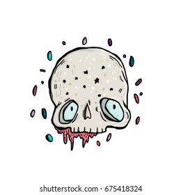 Cute skull in drops. Skull in cartoon style. Weird vector art isolated in white. Skull in slime.