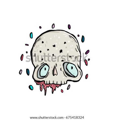 Cute skull in drops. Skull in cartoon style. Weird vector art isolated in white. Skull in slime.
