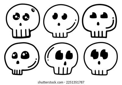 Cute skull face line art design vector bundle collection. Hand drawn character symbol. 