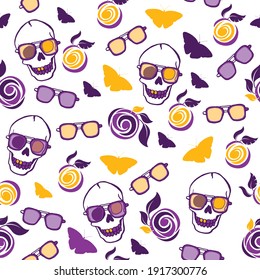 Cute skull and floral pattern. Seamless pattern.