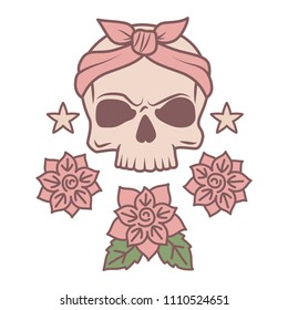 Cute skull and flowers tattoo template isolated on white background, vector illustration