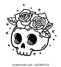 Cute skull with flowers wreath. Vector concept illustration in Hipster. Mystical occult object. Cute witchy illustration. For greeting card, poster, print on clothes. Day of the Dead. Funny Halloween