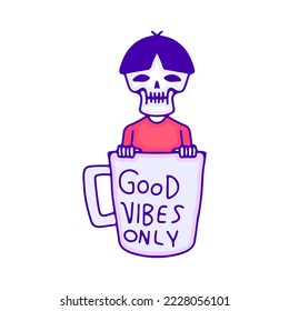 Cute skull with funny haircut in cup of coffee doodle art, illustration for t-shirt, sticker, or apparel merchandise. With modern pop and kawaii style.