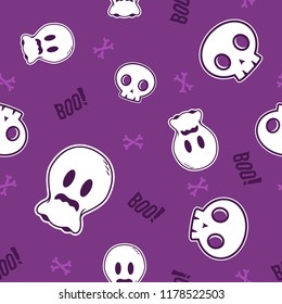 Cute skull, ghost, bones seamless pattern print design. Repeatable endless background halloweeen.