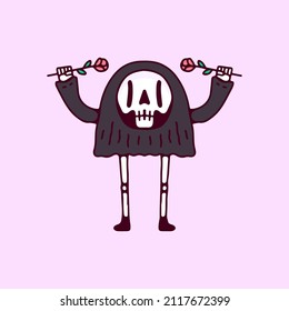 Cute Skull grim reaper holding flowers, illustration for t-shirt, poster, sticker, or apparel merchandise. With cartoon style.