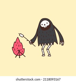 Cute Skull grim reaper roasting marshmallows on campfire, illustration for t-shirt, poster, sticker, or apparel merchandise. With cartoon style.