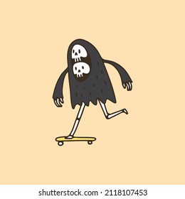 Cute skull grim reaper with two heads riding a skateboard, illustration for t-shirt, poster, sticker, or apparel merchandise. With cartoon style.