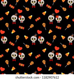 Cute skull and Halloween candy seamless pattern.