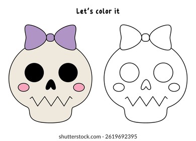 Página de coloração de halloween crânio bonito. Trace e cor bonito crânio halloween. Atividade divertida de Halloween para crianças. Planilha de halloween imprimível para pré-escola e jardim de infância. Vetor de elemento de clipart de crânio.