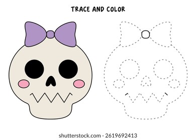 Cute skull halloween coloring page. Trace and color cute skull halloween. Fun Halloween activity for kids. Printable halloween worksheet for preschool and kindergarten. Skull clipart element vector.