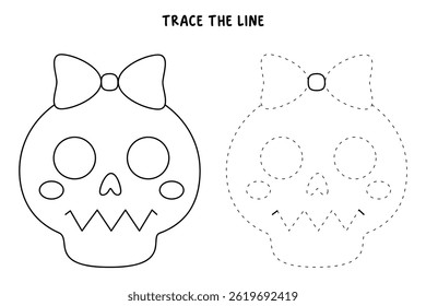 Cute skull halloween coloring page. Trace and color cute skull halloween. Fun Halloween activity for kids. Printable halloween worksheet for preschool and kindergarten. Skull clipart element vector.