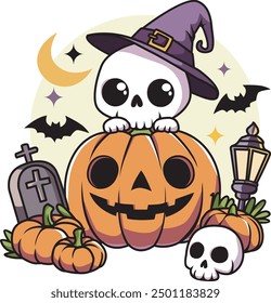 cute skull with halloween pumpkin