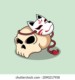 Cute skull head with japanese kitsune mask illustration