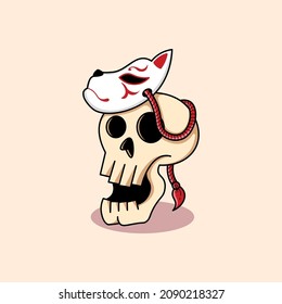 Cute skull head with japanese kitsune mask illustration