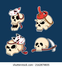 Cute skull head with japanese mask set illustration