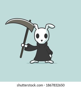 Cute Skull Head Rabbit Like Grim Reaper. With Blue Color Background, And White, Black, Grey, Blue COlor. Recomended For Cloth, Pattern Kids Clothing, Or Illustration For Child. Fun, Funny Style Vector