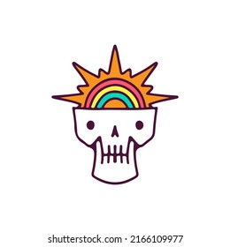 Cute skull head with rainbow and sun, illustration for t-shirt, sticker, or apparel merchandise. With doodle, retro, and cartoon style.