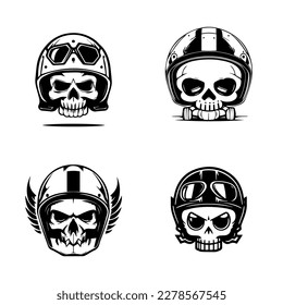 cute skull head wearing biker helmet logo collection set hand drawn illustration