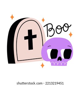 Cute Skull And Headstone. Lettering Word Boo. Vector Halloween Flat Illustration On Isolated Background. 