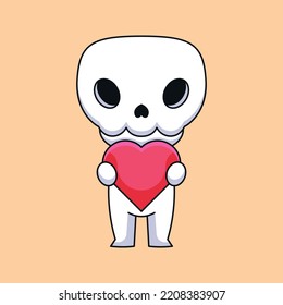 cute skull holding love hearth cartoon mascot doodle art hand drawn concept vector kawaii icon illustration