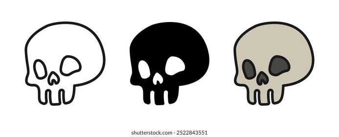 Icono de cráneo lindo. Ilustración vectorial de la cabeza del esqueleto. Símbolo de la muerte. Signo del hueso del cráneo. Pictograma de cabeza muerta. Arte de Clip de dibujos animados de terror aislado.