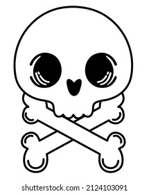 Cute skull. Isolated vector illustration. Human skull and crossbones. Dead man's head. Pirate flag Jolly Roger. Symbol of robbers and Halloween. Funny cartoon flat illustration