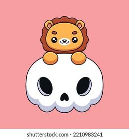 cute skull lion halloween cartoon mascot doodle art hand drawn concept vector kawaii icon illustration