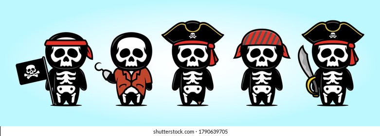 Cute skull mascot design illustration with pirates theme set
