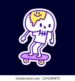 Cute skull with melted emoji face riding skateboard illustration. Artwork for street wear, t shirt, posters, bomber jackets, hoodie, patchworks, enamel pins; for clothes.