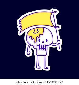 Cute skull with melted emoji face holding flag illustration. Artwork for street wear, t shirt, posters, bomber jackets, hoodie, patchworks, enamel pins; for clothes.