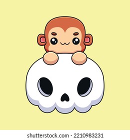 cute skull monkey halloween cartoon mascot doodle art hand drawn concept vector kawaii icon illustration