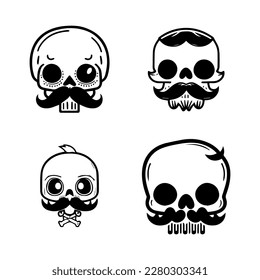 cute skull with moustache logo collection set hand drawn illustration