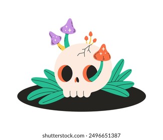 Cute skull with mushrooms and leaves. Magic, witchcraft. Happy Halloween. Vector illustration in flat style