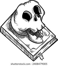 Cute skull on a book black and white drawing vector