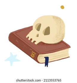 Cute skull on book on white  isolated background